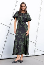Load image into Gallery viewer, STORIES BE TOLD STAGE GREEN SHADOW GARDEN SATIN PUFF SLEEVE FLOATY MAXI DRESS