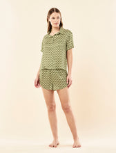 Load image into Gallery viewer, KAREN WALKER X PAPINELLE MONOGRAM TILES SILK BOXER PJS OLIVE