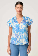 Load image into Gallery viewer, ONCE WAS CALANDRA SILK COTTON FLUTTER SLEEVE TOP AZURE MOSAIC