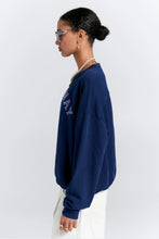 Load image into Gallery viewer, KAREN WALKER RUNAWAY COLLAGE ORGANIC COTTON CREWNECK SWEATSHIRT NAVY