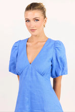 Load image into Gallery viewer, COMING SOON | AMONG THE BRAVE ADELAIDE BLUE LINEN PUFF SLEEVE PANELLED MINI DRESS