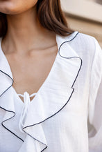 Load image into Gallery viewer, AMONG THE BRAVE BOHEMIAN IVORY BLACK TRIM SHEER FRILL FRONT BLOUSE