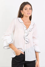 Load image into Gallery viewer, AMONG THE BRAVE BOHEMIAN IVORY BLACK TRIM SHEER FRILL FRONT BLOUSE