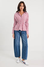 Load image into Gallery viewer, STORIES BE TOLD COMPOSITE BURGUNDY PLUM STRIPE SHIRRED BODY SHIRT