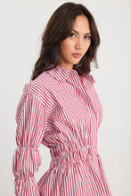 Load image into Gallery viewer, STORIES BE TOLD COMPOSITE BURGUNDY PLUM STRIPE SHIRRED BODY SHIRT