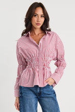 Load image into Gallery viewer, STORIES BE TOLD COMPOSITE BURGUNDY PLUM STRIPE SHIRRED BODY SHIRT