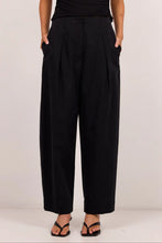 Load image into Gallery viewer, STORIES BE TOLD MANIFESTO BLACK FRONT PLEAT BARREL LEG PANTS