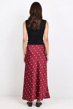 Load image into Gallery viewer, STORIES BE TOLD RARITY WINE CREAM POLKA DOT SATIN TIE WAIST BIAS MAXI SKIRT