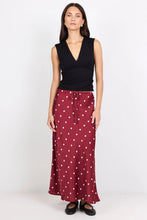 Load image into Gallery viewer, STORIES BE TOLD RARITY WINE CREAM POLKA DOT SATIN TIE WAIST BIAS MAXI SKIRT