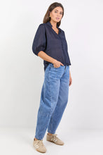 Load image into Gallery viewer, IVY + JACK CONTINUANCE NAVY RAMIE HIGH NECK BUTTONED SS TOP