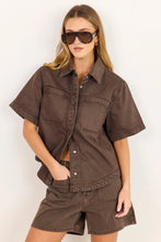 Load image into Gallery viewer, COMING SOON | STORIES BE TOLD CRUCIAL MOCHA DENIM SHORT SLEEVE SHACKET