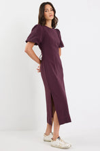 Load image into Gallery viewer, STORIES BE TOLD ELDER PLUM SHORT PUFF SLEEVE TIE MIDI DRESS