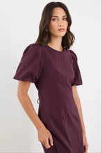 Load image into Gallery viewer, STORIES BE TOLD ELDER PLUM SHORT PUFF SLEEVE TIE MIDI DRESS