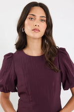 Load image into Gallery viewer, STORIES BE TOLD ELDER PLUM SHORT PUFF SLEEVE TIE MIDI DRESS