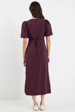 Load image into Gallery viewer, STORIES BE TOLD ELDER PLUM SHORT PUFF SLEEVE TIE MIDI DRESS