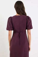 Load image into Gallery viewer, STORIES BE TOLD ELDER PLUM SHORT PUFF SLEEVE TIE MIDI DRESS