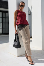 Load image into Gallery viewer, STORIES BE TOLD ENCOURAGE WINE LINEN PINTUCK FRONT BOAT NECK TOP