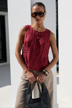 Load image into Gallery viewer, STORIES BE TOLD ENCOURAGE WINE LINEN PINTUCK FRONT BOAT NECK TOP
