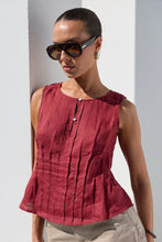 Load image into Gallery viewer, STORIES BE TOLD ENCOURAGE WINE LINEN PINTUCK FRONT BOAT NECK TOP