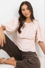 Load image into Gallery viewer, STORIES BE TOLD EVENTUAL BLUSH CHOCOLATE POLKA DOT MID SLEEVE FIT AND FLARE TOP