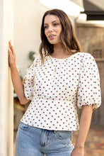 Load image into Gallery viewer, STORIES BE TOLD EVENTUAL IVORY CHOCOLATE POLKA DOT MID SLEEVE FIT AND FLARE TOP