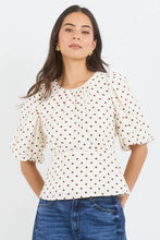 Load image into Gallery viewer, STORIES BE TOLD EVENTUAL IVORY CHOCOLATE POLKA DOT MID SLEEVE FIT AND FLARE TOP