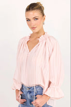 Load image into Gallery viewer, AMONG THE BRAVE EXPEDITION BLUSH SELF STRIPE SHIRRED NECK SHORT SLEEVE TOP