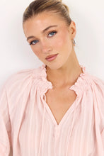 Load image into Gallery viewer, AMONG THE BRAVE EXPEDITION BLUSH SELF STRIPE SHIRRED NECK SHORT SLEEVE TOP
