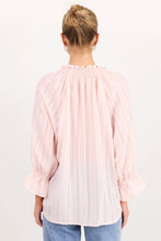 Load image into Gallery viewer, AMONG THE BRAVE EXPEDITION BLUSH SELF STRIPE SHIRRED NECK SHORT SLEEVE TOP