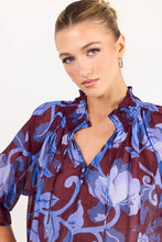 Load image into Gallery viewer, COMING SOON | AMONG THE BRAVE EXPEDITION BURGUNDY BLUE FLORAL SHIRRED NECK SHORT SLEEVE TOP