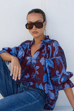 Load image into Gallery viewer, COMING SOON | AMONG THE BRAVE EXPEDITION BURGUNDY BLUE FLORAL SHIRRED NECK SHORT SLEEVE TOP