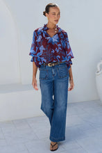 Load image into Gallery viewer, COMING SOON | AMONG THE BRAVE EXPEDITION BURGUNDY BLUE FLORAL SHIRRED NECK SHORT SLEEVE TOP