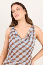 Load image into Gallery viewer, GEORGIA ZOE FRUITFUL CHOCOLATE ICE BLUE CHECK GEORGETTE TOE BACK BIAS TOP