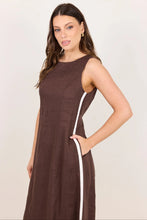 Load image into Gallery viewer, STOREIS BE TOLD FUTURE DARK CHOCOLATE LINEN SLEEVELESS MIDI DRESS