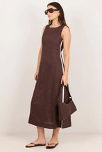 Load image into Gallery viewer, STOREIS BE TOLD FUTURE DARK CHOCOLATE LINEN SLEEVELESS MIDI DRESS