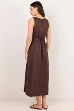 Load image into Gallery viewer, STOREIS BE TOLD FUTURE DARK CHOCOLATE LINEN SLEEVELESS MIDI DRESS