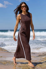 Load image into Gallery viewer, STOREIS BE TOLD FUTURE DARK CHOCOLATE LINEN SLEEVELESS MIDI DRESS