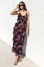 Load image into Gallery viewer, GEORGIA ZOE GALORE BLACK PINK ABSTRACT PRINT BIAS RUFFLE SLIP MAXI DRESS