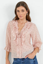 Load image into Gallery viewer, IVY + JACK GARNISH BLUSH POLKA DOT FRILL FRONT MID SLEEVE TOP