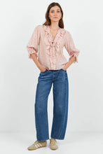 Load image into Gallery viewer, IVY + JACK GARNISH BLUSH POLKA DOT FRILL FRONT MID SLEEVE TOP