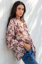 Load image into Gallery viewer, AMONG THE BRAVE ODYSSEY BLUSH CHOCOLATE FLORAL SHIRREDE NECK LS TOP