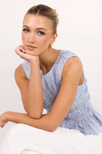 Load image into Gallery viewer, AMONG THE BRAVE IMPLUSIVE BLUE MINI GINGHAM SHIRRED SLEEVELESS TOP