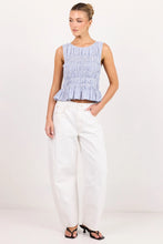 Load image into Gallery viewer, AMONG THE BRAVE IMPLUSIVE BLUE MINI GINGHAM SHIRRED SLEEVELESS TOP