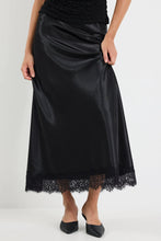 Load image into Gallery viewer, GEORGIA ZOE MARGARITA BLACK SATIN LACE TRIM BIAS MAXI SKIRT