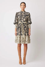 Load image into Gallery viewer, ONCE WAS FARRAH LINEN VISCOSE HIGH NECK PLEAT SLEEVE BUTTON FRONT DRESS