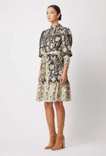 Load image into Gallery viewer, ONCE WAS FARRAH LINEN VISCOSE HIGH NECK PLEAT SLEEVE BUTTON FRONT DRESS