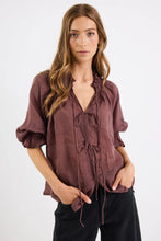 Load image into Gallery viewer, AMONG THE BRAVE PROSPECT CHOCOLATE TIE FRONT MID SLEEVE TOP