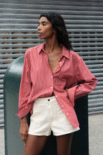 Load image into Gallery viewer, ROWIE RAMONA STRIPE LONG SLEEVE SHIRT CHERRY RED