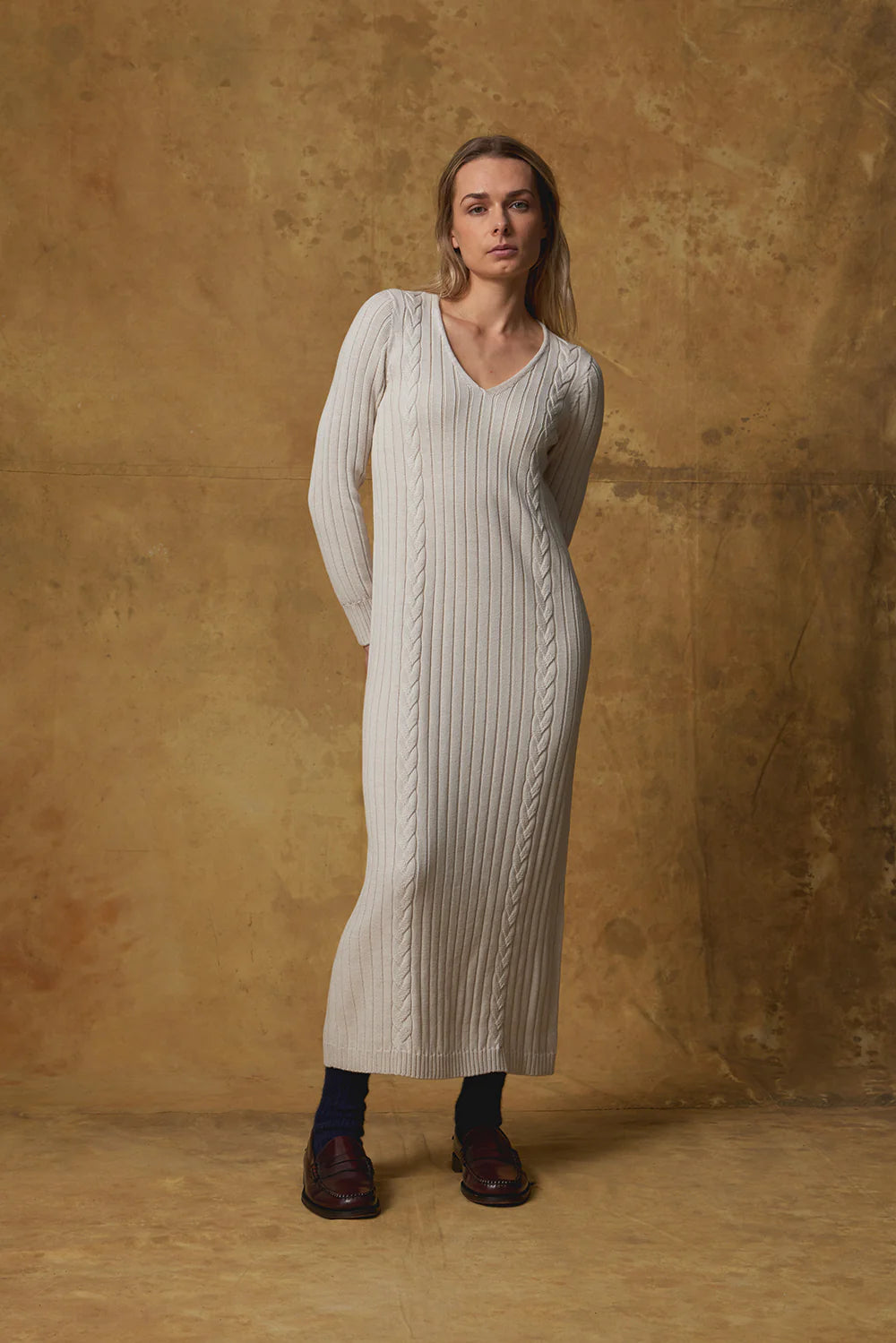 STANDARD ISSUE MERINO CABLE DRESS ALABASTER