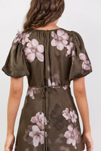 Load image into Gallery viewer, STORIES BE TOLD STAGE COCOA BLOSSOM FLORAL SATIN PUFF SLEEVE FLOATY MAXI DRESS